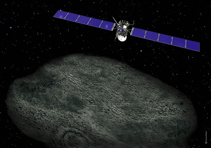 Vue d\'artiste de la sonde Rosetta survolant l\'astéroïde Lutetia
