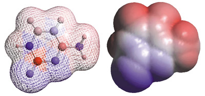 Voici deux représentations graphiques d’une molécule de cytosine, une des quatre briques moléculaires qui constituent la molécule d’ADN à l’origine du vivant. A gauche, on voit les atomes reliés entre eux par des liens chimiques et à droite, sa « surface » telle qu’elle serait vue à l’aide d’un microscope électronique.