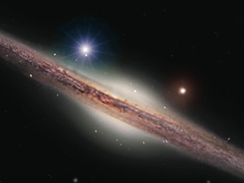 HLX-1 est représentée sur cette vue d\'artiste sous la forme de la brillante source bleutée surplombant la galaxie. En réalité, dans le visible, elle est nettement moins brillante que cela, d\'où la performance du VLT dans son travail de confirmation