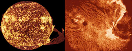 Ce montage présente deux protubérances, l’une en forme d’arche vue au bord du Soleil (à gauche) et l’autre (à droite) vue de dessus, sous l’aspect d’un long filament blanc. Ces deux photos ont été prises dans la raie H-alpha. La protubérance de gauche est la plus grande jamais observée. Apparue le 19 décembre 1973, elle mesurait 588 000 km de long (soit 1,5 fois la distance Terre-Lune).