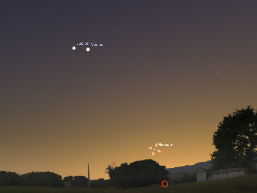 Jupiter et Vénus dans le ciel de ce dimanche soir, à l\'ouest. Mercure est également présente, beaucoup plus bas, mais pour très peu de temps