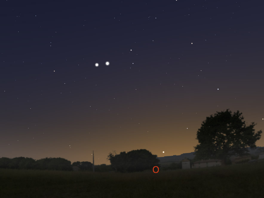Aspect du ciel ce soir vers 20h30 au dessus de l\'horizon ouest. Vous ne pourrez pas manquer ce troublant regard perçant constitué de Jupiter et de Vénus !