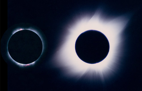 Sur cette photo de l’éclipse de Soleil du 11 juillet 1991, la basse (à gauche) et la haute couronne (à droite) sont visibles. Dans la basse couronne, on remarque deux protubérances rouges.