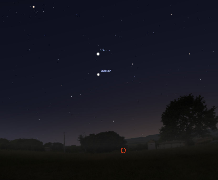 Vénus et Jupiter alignées sur la verticale ce soir vers 20h, au-dessus de l\'horizon ouest. Un peu au dessus, on devine l\'amas des Pléiades, et en haut à gauche, Aldébaran, l\'oeil rouge du Taureau