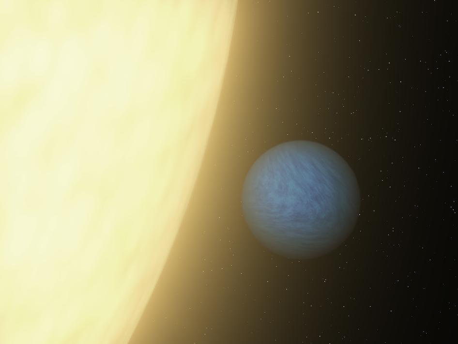 Vue d\'artiste de 55 Cancri e, quasiment collée à son étoile. Il en résulte une rotation synchrone avec sa période de révolution, et des températures infernales sur sa face constamment illuminée.