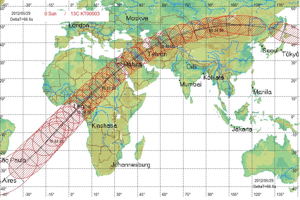 Zone de visibilité du mini-transit devant le soleil qu\'effectuera 2012 KT42 aujourd\'hui. Ne jamais observer directement le soleil sans dispositif de protection approprié.