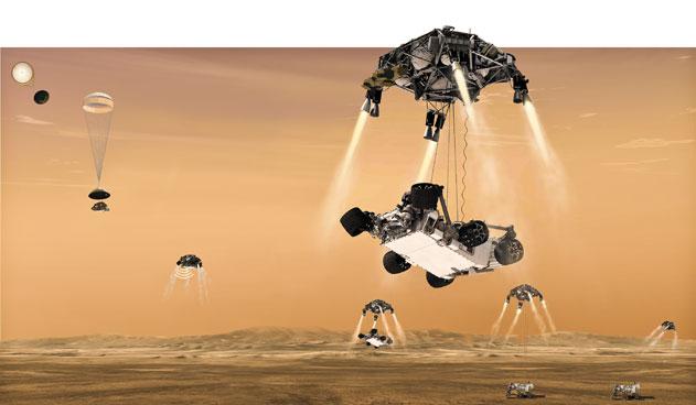 Vue d\'artiste de l\'atterrissage de Curiosity sur Mars lundi 6 août