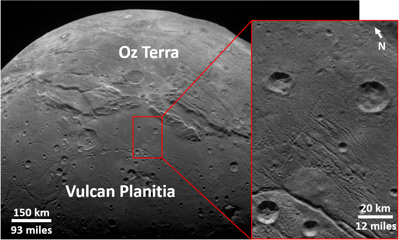 La plaine Vulcania sur Charon, satellite de Pluton, vue par l\'instrument LORRI de New Horizons en 2015