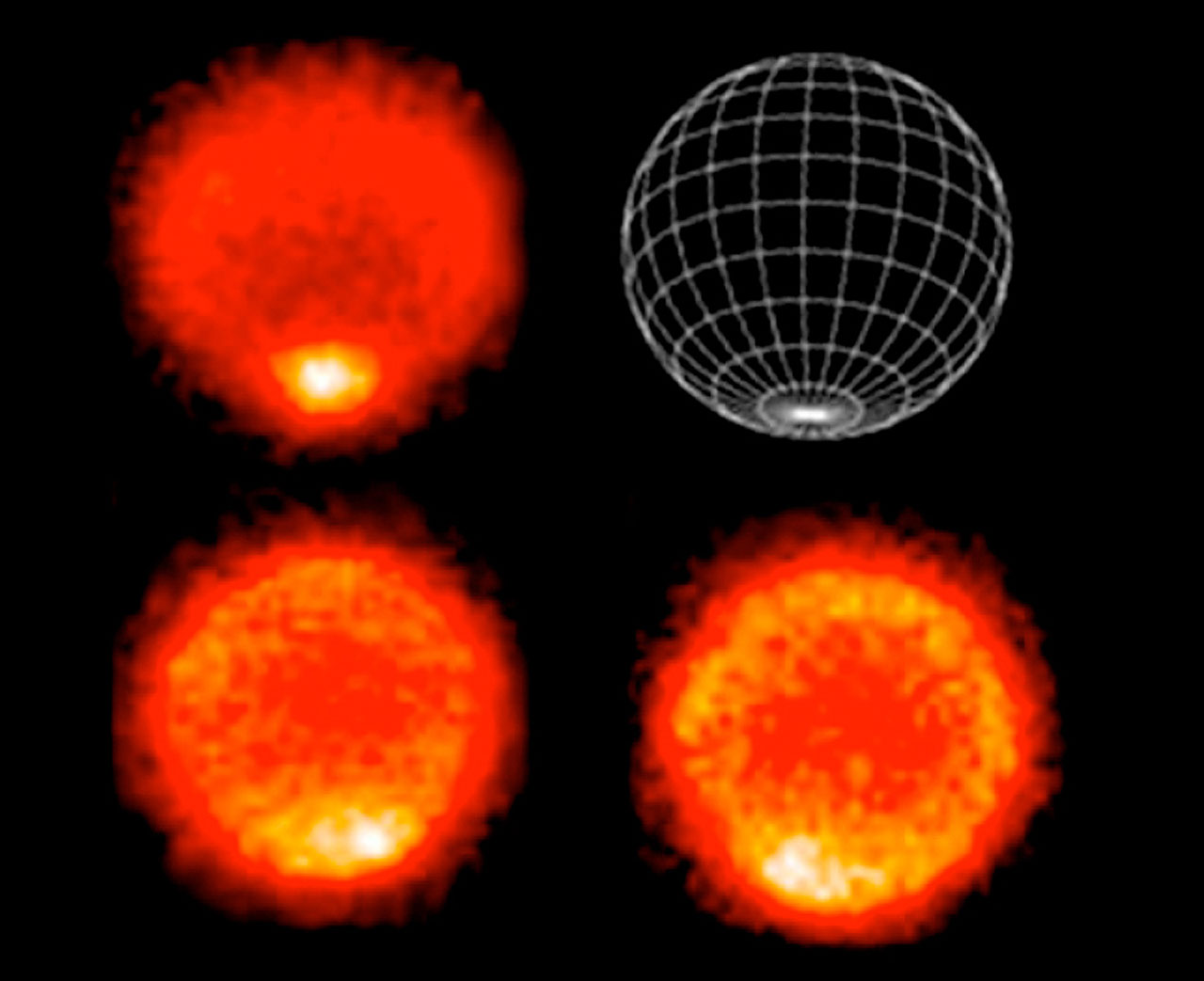 Les  images infrarouge ont été prises avec la caméra VISIR du VLT de l\'ESO. Ces cartes de la température montrent un pôle sud plus chaud. En haut à gauche, la carte représente les températures dans la troposphère. Les deux autres images montrent des températures dans la stratosphère, à plus haute altitude. L\'image en haut à droite permet de situer l\'emplacement du pôle sud.