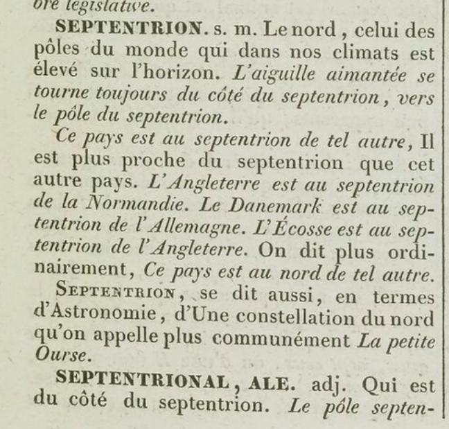 Définition du septentrion dans le dictionnaire de l\'Académie française, 6e édition, 1835